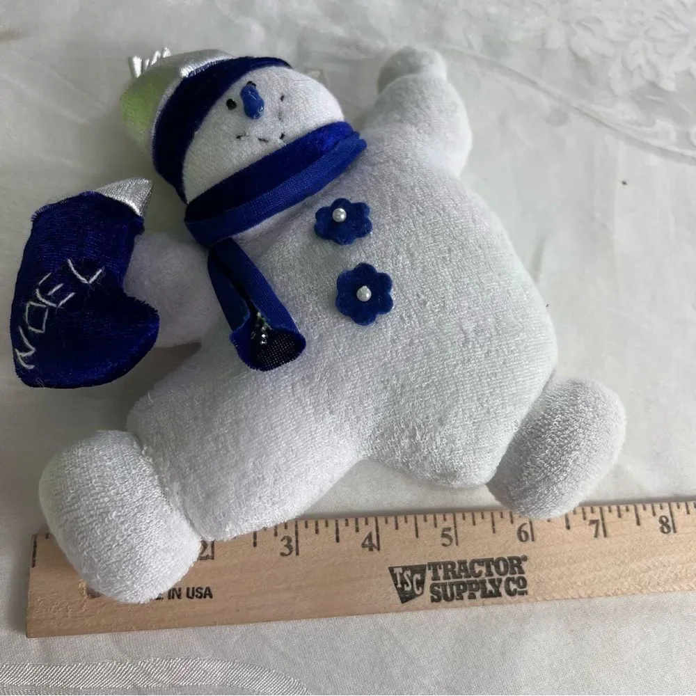 2 Hanging Stuffed Snowmen Blue White Chubby Soft Snowflake Christmas Tree Noel